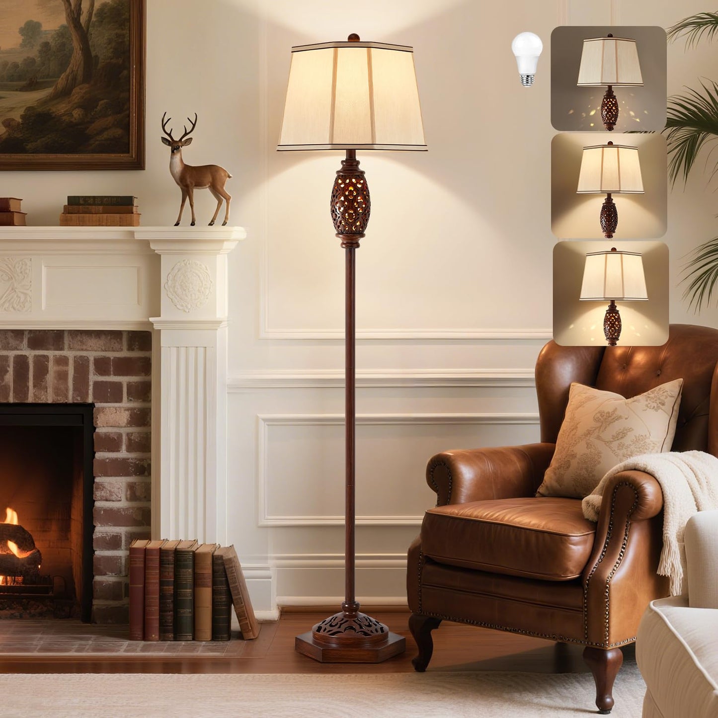 Vintage Floor Lamp - Brown Carved Resin with Hollow Light Design