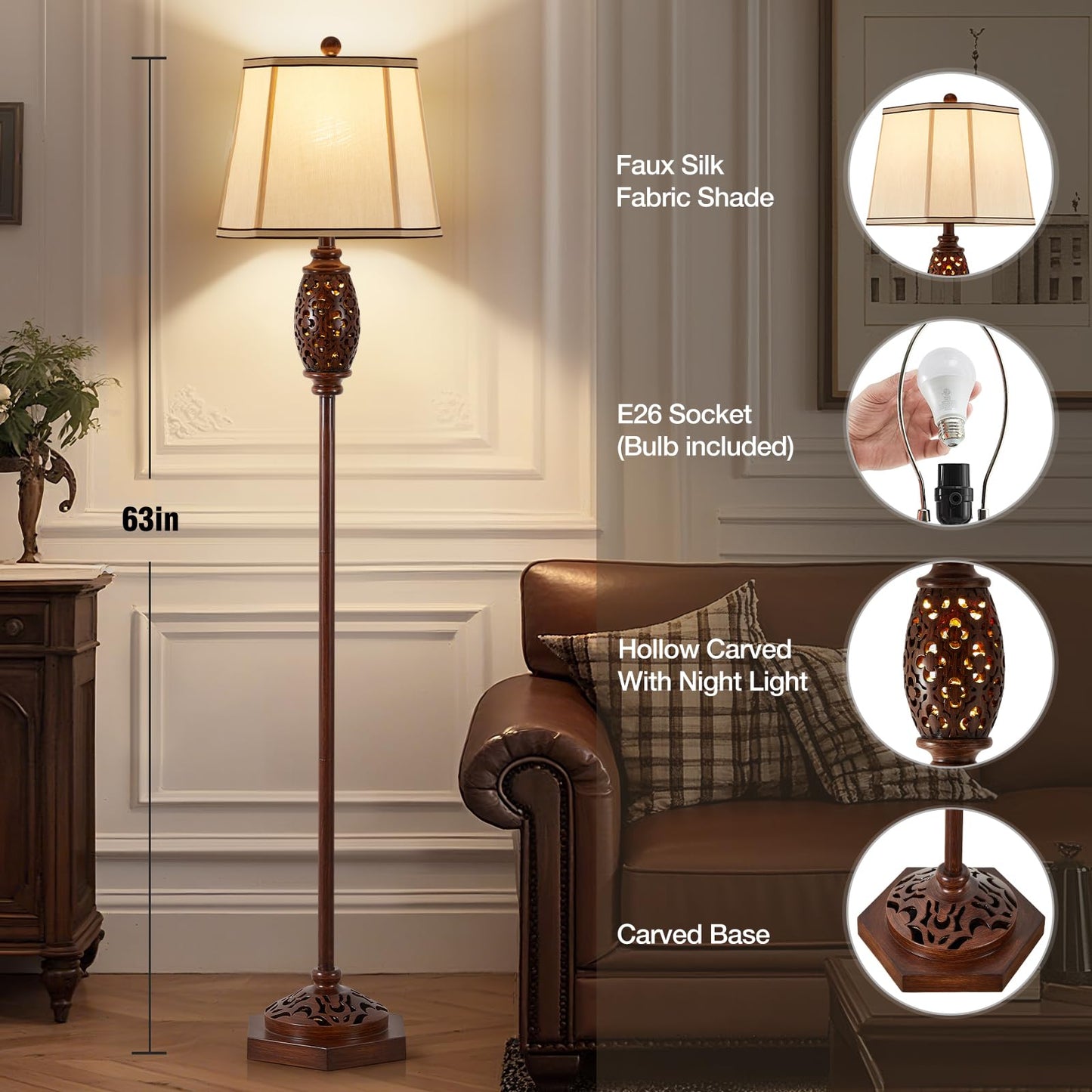 Vintage Floor Lamp - Brown Carved Resin with Hollow Light Design