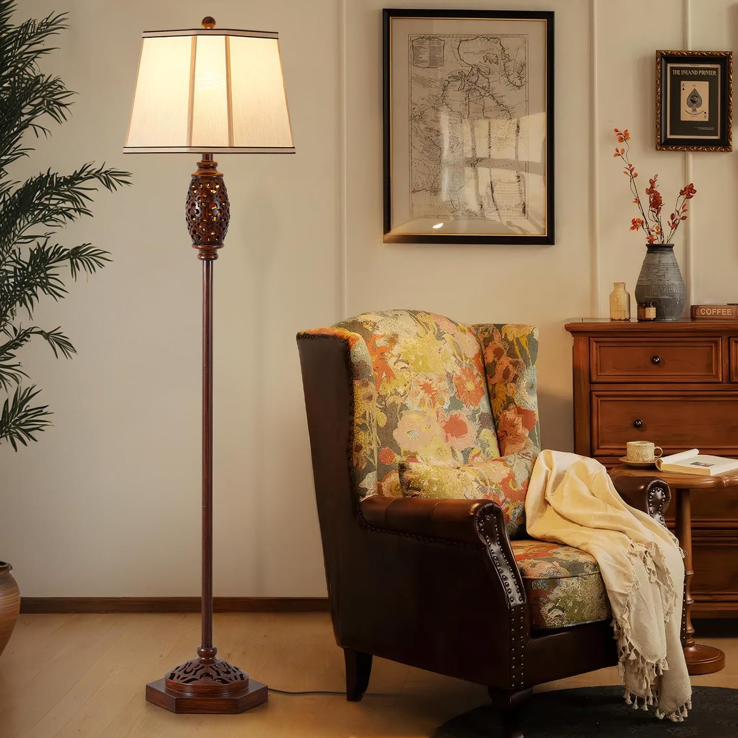 Vintage Floor Lamp - Brown Carved Resin with Hollow Light Design