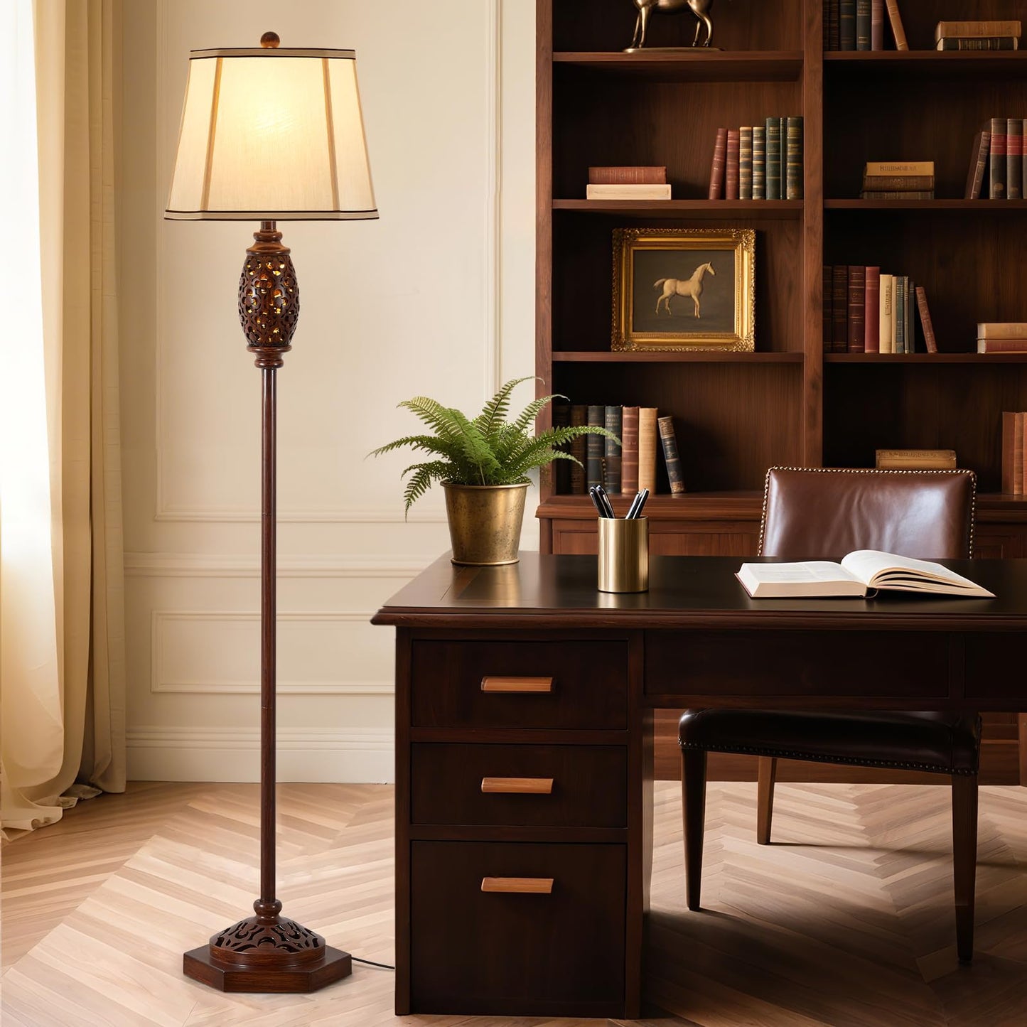 Vintage Floor Lamp - Brown Carved Resin with Hollow Light Design