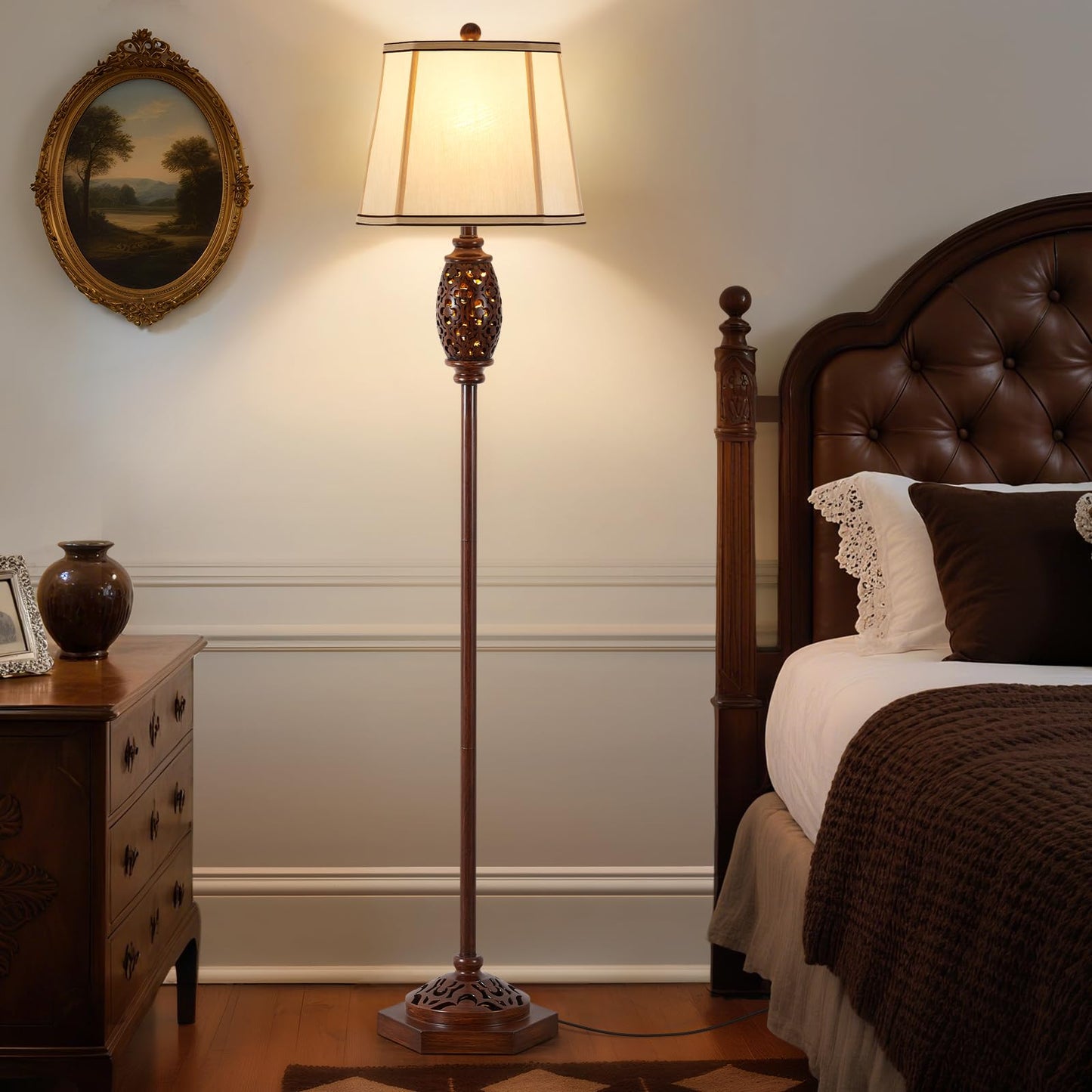 Vintage Floor Lamp - Brown Carved Resin with Hollow Light Design