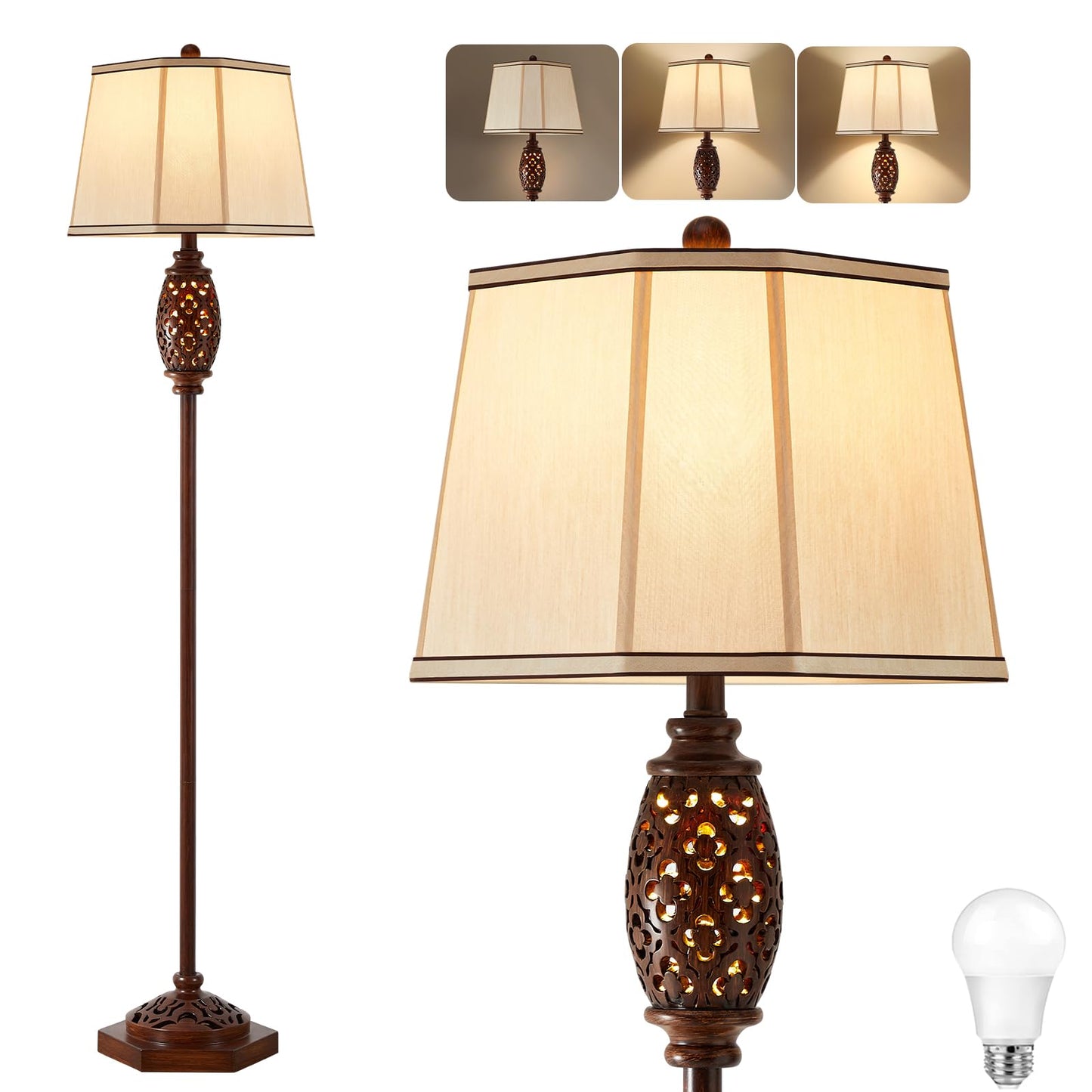 Vintage Floor Lamp - Brown Carved Resin with Hollow Light Design