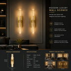 A promotional graphic for a modern luxury wall sconce, showing two gold and clear acrylic wall lights mounted on a dark wall in a living room setting. The graphic includes text describing the warm ambient light and features, product dimensions, specifications, and room application examples.