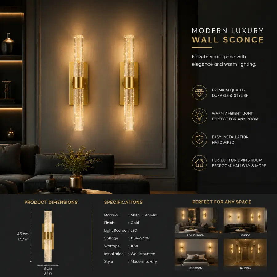A promotional graphic for a modern luxury wall sconce, showing two gold and clear acrylic wall lights mounted on a dark wall in a living room setting. The graphic includes text describing the warm ambient light and features, product dimensions, specifications, and room application examples.
