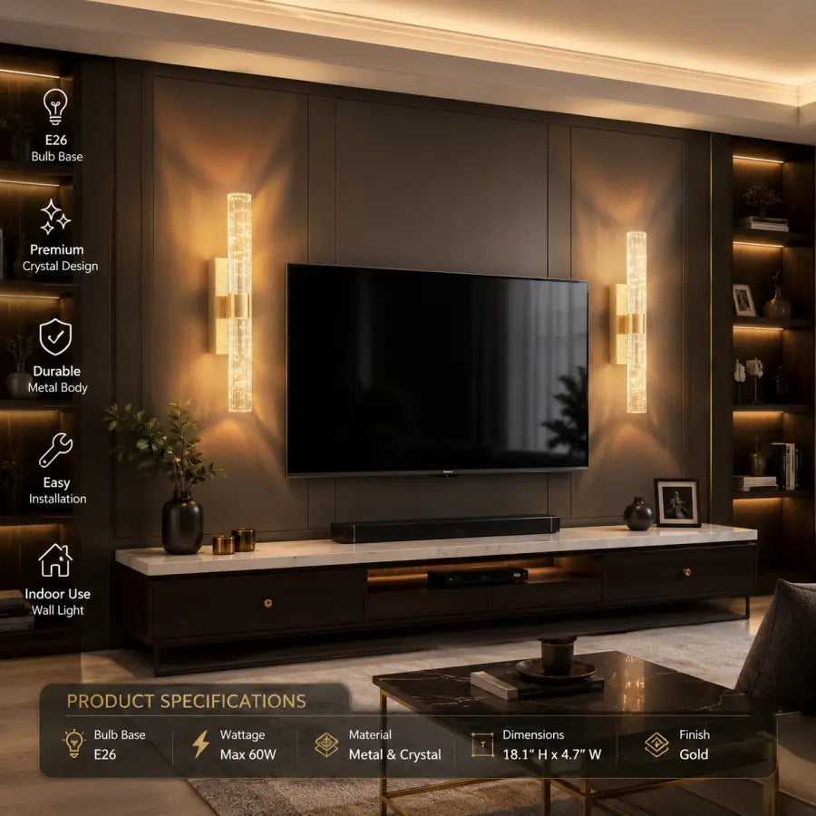 A pair of modern wall-mounted crystal light sconces with gold-toned metal frames, shown illuminated on either side of a large flat-screen TV in a contemporary living room setting. Product specifications and feature callouts are overlaid on the left and bottom edges.