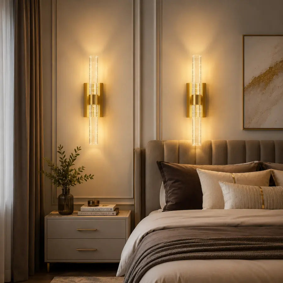 Gold Wall Sconces Set of 2 | Modern LED Bathroom Vanity Lights with Ripple Glass Shades, 5CCT Dimmable 14W Wall Lighting for Mirror, Bedroom, Hallway & Entryway